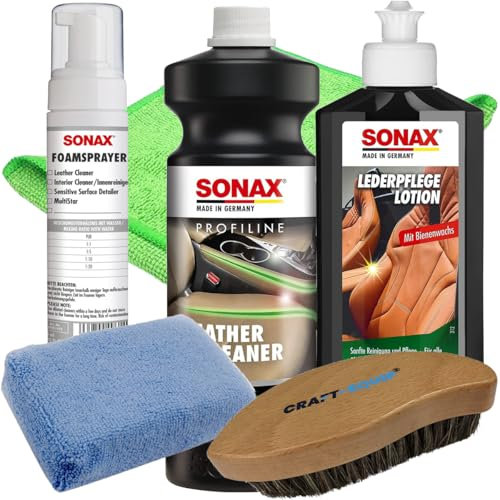 Craft-Equip Leder-Reinigungs-Set bestehend aus dem SONAX 1000ml Profiline Leather Cleaner + SONAX 250ml LederPflegeLotion + SONAX Foamsprayer + Zubehör (Microfasertuch, Lederbürste, Applikator)
