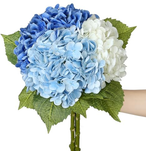 SIITUMEIZI Blue Hydrangea Artificial Flower Faux Hydrangea Flowers 21 Inch Real Touch Latex Fake Hydrangeas for Wedding Bouquets Centerpieces 3Pc
