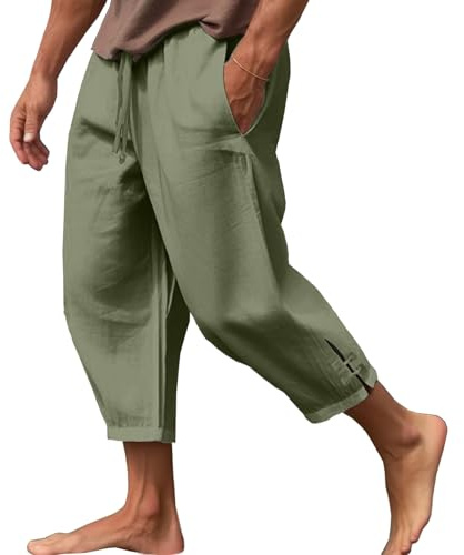 Joligiao Pantalones Lino Hombre Verano Pantalones Largos Casual con Cordón Ajustable y Bolsillos Laterales Pantalón Lino Algodon Largo Pantalón Anchos Hombre de Verano Jogger para Playa Chandal Yoga