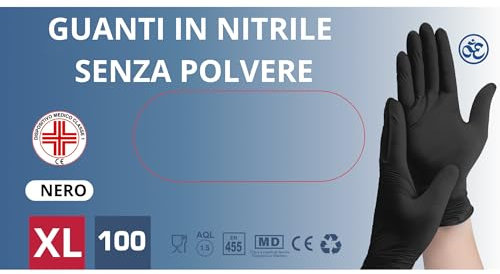 Medical 100 Guanti NITRILE MONOUSO Resistenti senza polvere Dispositivo Medico ipoallergenici senza lattice | Medici Chef Estetisti Tatuatori Uso Alimentare | Varie Taglie Disponibili (Nero, XL)