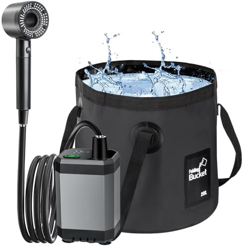 Campingdusche Tragbare mit Pumpe, 6000mAh Gartendusche Aussendusche mit 20L Klappbarer Eimer, Duschkopf und 2M Schlauch, Temperatur- und Batterieanzeige, Type-C-Laden, für Garten, Autowaschen, Reisen