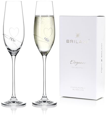 Brilant Essence of Love, set di bicchieri da champagne moderni, eleganti bicchieri da champagne senza piombo, con cuore inciso e accenti di cristallo di alta qualità, realizzati a mano, 2 pezzi, 210