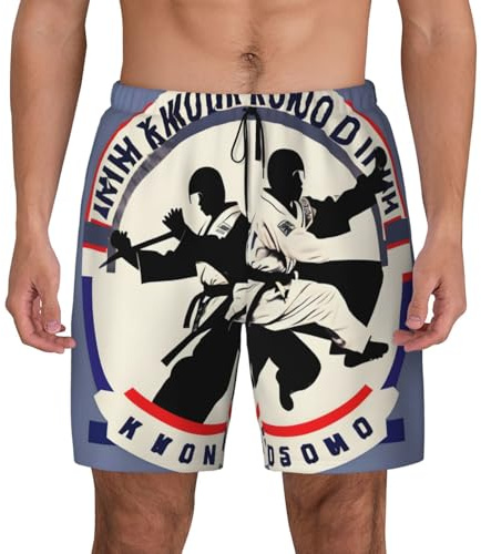 SDEGTHO Taekwondo Design Mens Double Polyester Swimsuit Trunks Swim Shorts with Compression Liner and Patch Pocket. Black