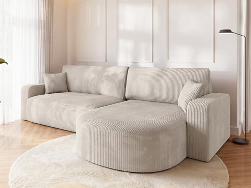 BROMARKT Ecksofa mit Schlaffunktion und Bettkasten Cordstoff Sofa Dreisitzer Schlafsofa Eckcouch Relaxsofa für Wohnzimmer Wohnlandschaft L-Form Bisk 275x170x85cm Creme