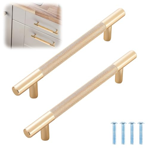 2PCS Gold Cabinet Handles, 128mm Hole Centers Modern Gold Door Handles, T Bar Knurled Cabinet Pulls, Kitchen Gold Handles for Bathroom Kitchen Cupboard Wardrobe Dresser Drawer, Long Cabinet Handle