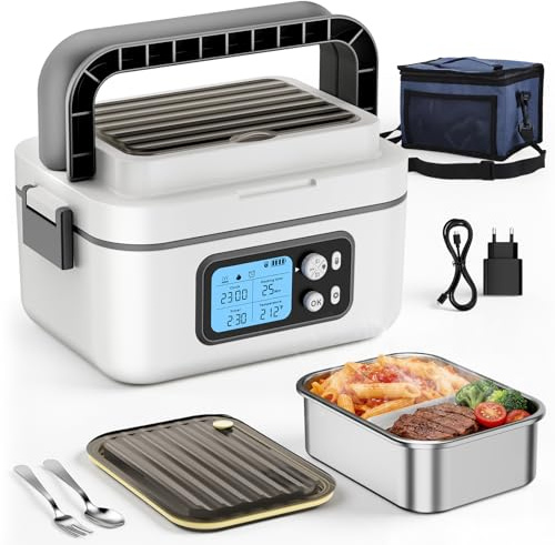 TLPEMN Fiambrera Electrica Recargable, 1,5L Taper Electrico para Comida con Pantalla LCD y Temporizador, Fiambrera Termica Portátil con Vajilla de Acero Inoxidable y Bolsa Aislante para Coche Oficina