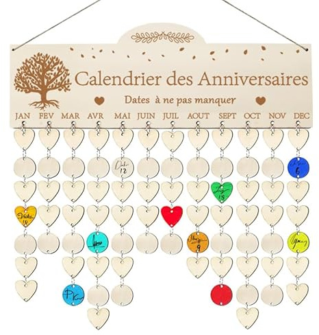 BMGRKYQX Calendrier d'Anniversaire en Bois Français Plaque de Rappel Calendrier Sculpture en Bois avec 100pcs Rond Cœur Étiquettes Bricolage Suspendu Décoration pour Famille Anniversaire