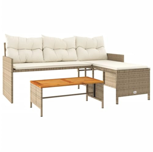 QJBSAVVA Sofá de jardín en forma de L de polirratán, juego de muebles de jardín con mesa y cojín, sofá de esquina de 3 plazas, para jardín, terraza, balcón, salón, grupo, beige, mesa de madera de