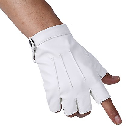 JISEN Men PU Leather Punk Half Finger Snap Performance Gloves White