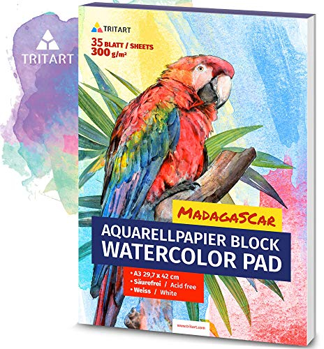 Tritart weißes A3 Aquarellpapier 300 g/m² - 35 Blatt Aquarellblock DIN A3 - Aquarell Malpapier - 35x Watercolor paper Aquarell Papier für Wasserfarben - Acrylpapier in weiß