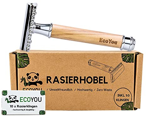 EcoYou Olivenholz Rasierhobel Damen & Herren inkl. 10 Rasierklingen Nachhaltiger Rasierer inkl. E-Book Plastikfreier Zero Waste Nassrasierer Sicherheitsrasierer Safety Razor - geschlossener Kamm