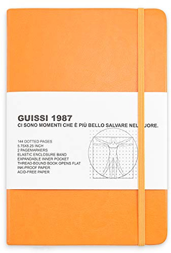 Guissi Classic Dotted Grid Bullet Notebook Journal Dot Hard Cover A5 Premium 100gsm Thick Acid-free Paper with Fine Inner Pocket Faux Leather Office School Supplies 144 Pages Designed in Florence