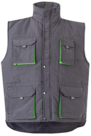 VELILLA 205902, Chaleco acolchado bicolor multibolsillos, color Gris y Verde Lima, Talla XL