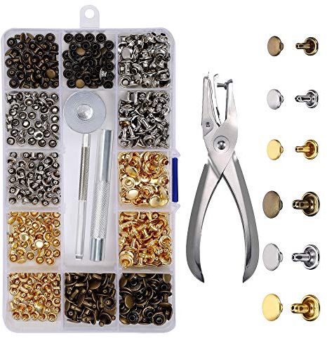 Rivets en Cuir 180 Ensemble 2 Tailles Double Rivet Goujons Tubulaires en Métal avec 3 Pièces Outil de Fixation et Punch Pince pour Artisanat en Cuir DIY Rivets de Remplacement 3 Couleurs
