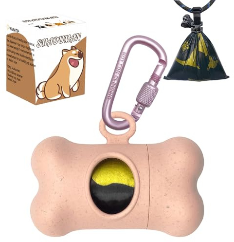 Bone-Shaped Dog Poop Bag Holder for Leash |Dispenser with 15 Leak-Resistant Waste Bags & Carabiner Clip(Pink)