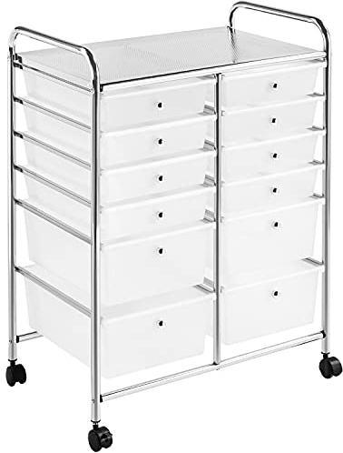 Yaheetech Chariot de Rangement Desserte à Roulettes avec 12 Tiroirs en Plastique Blanc Transparent Tour de Rangement pour Salle de Bain, Bureau, Cuisine 63 x 38.5 x 82cm