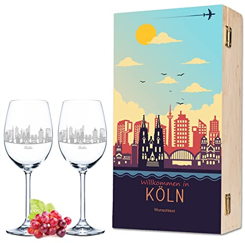 Leonardo Weingläser mit Gravur - Skyline Köln als Set - Personalisiert mit Wunschtext inkl. bedruckter Holzkiste - Souvenir Andenken & Mitbringsel - Geschenk für Sie & Ihn