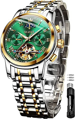 OLEVS Men's Watches Automatic Mechanical Stainless Steel Moon Phase Waterproof Date Luminous Tourbillon Wrist Watch for Man