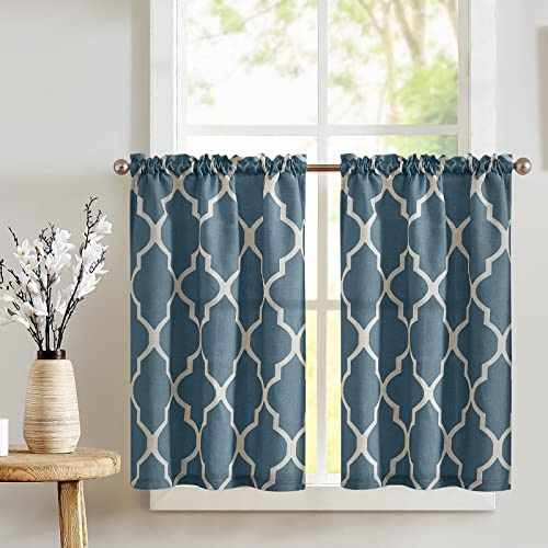 TOPICK Bistrogardine 2er Set Scheibengardinen modern Wohnzimmer Küchengardinen kurz Scheibengardinen mit Raute Küche Leinenoptik H60xB65 cm, Gardinen Vorhänge Muster Landhausstil Weiß auf Blau