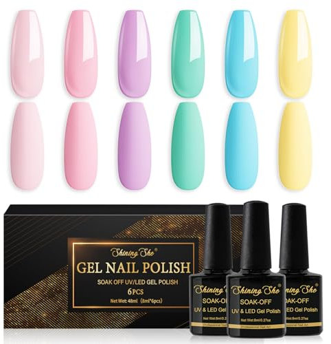 Shining She Gel Nail Polish Pastel, 6 Colors Pink Purple Green Blue Macaroon Gel Polish Set Soak-Off UV/LED Nail Polish Gift for Starter Nail-Art Salon DIY Home, 8ML
