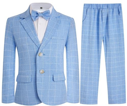Boys Suit 3 Piece Plaid Suits Set Kids Toddler Boy Formal Birthday Party Ring Bearer Outfit Light Blue