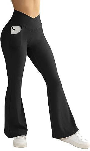 RXRXCOCO Damen Gerippte Cross Waisted Schlaghose Yoga Hose Flared Leggings Bootcut Hose mit Taschen Lang Sporthose Laufhose Schwarz S
