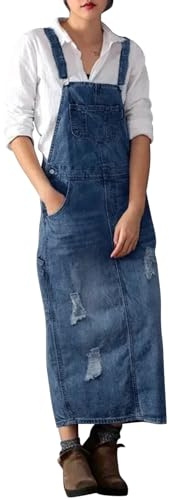 Lång denimkjol, dam, vintage, klassiska hängslen, tvättad och sliten hängselklänning, kjolar, upprivna hål, pinafore-overall, Mörkblått, 38