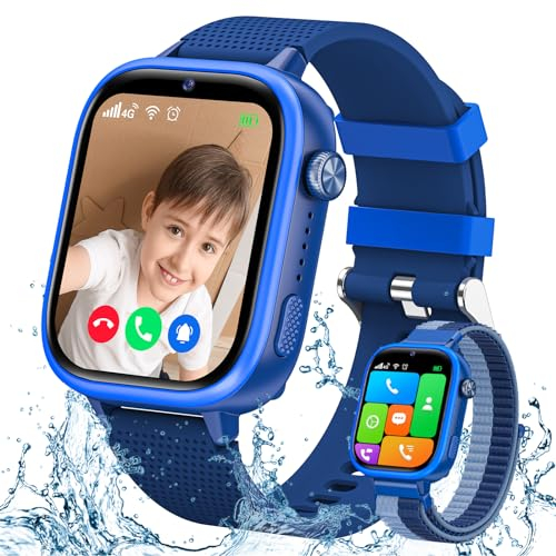 Montre Connectée Enfants 4G, Montre Intelligente Enfants avec GPS, SOS, Appels Vidéo, Appels, Étanche, Mode Scolaire, Smartwatch Enfant pour Garçons avec Podomètre, 2 Bracelets+ 1 Film d'Écran, Bleu