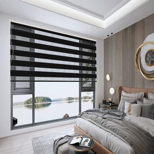 Estor Enrollable de Doble Capa Noche y Día 120 x 260 cm Resistente a La Humedad Estor Opaco para Ventana Incluye Accesorios para Interiores y Exterior, Negro