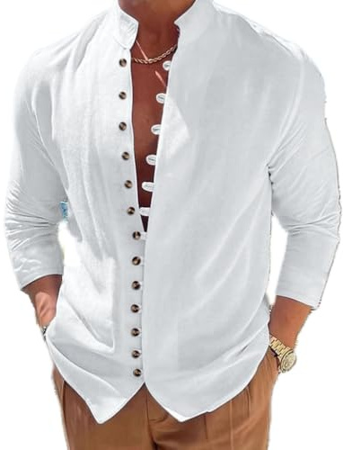 Vintage Stand Up Collar Linen Shirts for Men Summer Casual Button Down Plain Long Sleeve Plus Size Tops Fall Loose Fit Beach Vacation White T-Shirt Tops L