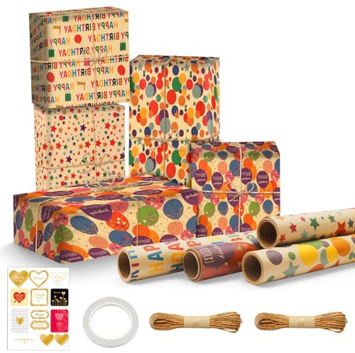 UOCAI 4 rollos de papel de regalo de cumpleaños 43 x 300 cm/rollo de papel de regalo de cumpleaños papel de estraza rollo regalos vintage juego colorido feliz cumpleaños papel de regalo 4 diseños