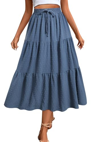 Adigaber Women's Long Skirts Elasticated High Waist Flowy Maxi Skirt Swiss Dot Casual Boho Skirts with Pockets and Drawstring Dark Blue