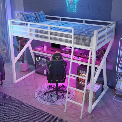 Moimhear Cama a ras del suelo, 90 x 200 cm, estructura de hierro, barra LED, barandilla, escalera, escritorio, sin colchón (blanco)