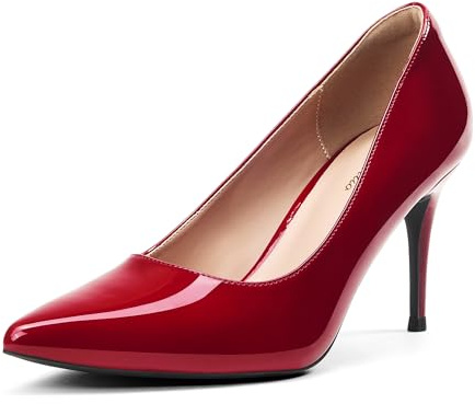 GENSHUO Scarpe da Donna con Tacco a Spillo 8 cm, Punta Chiusa, Design Classico Elegante, Vernice Rossa, 38.5 EU