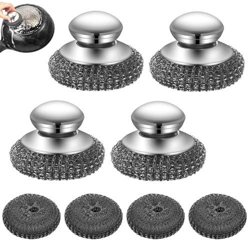 4 Pezzi Paglietta Acciaio, Filo di Acciaio Sottile, Manico Rotondo, Spazzola a Sfere, Utilizzabile per Molteplici Scopi, Riutilizzabile, Adatta per Cucina, Bagno, Garage o Esterni
