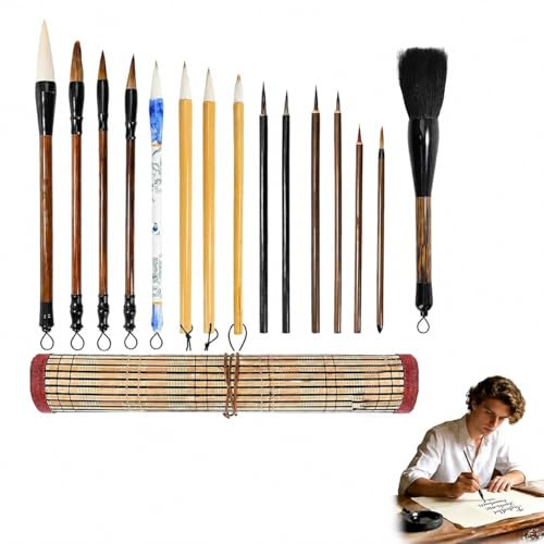 pinceaux Calligraphie Chinois 15 pièces + étui Bambou, pinceaux en Poils de Loup et chèvre pour Peinture à l'encre, écriture Artistique, Pratique Traditionnelle