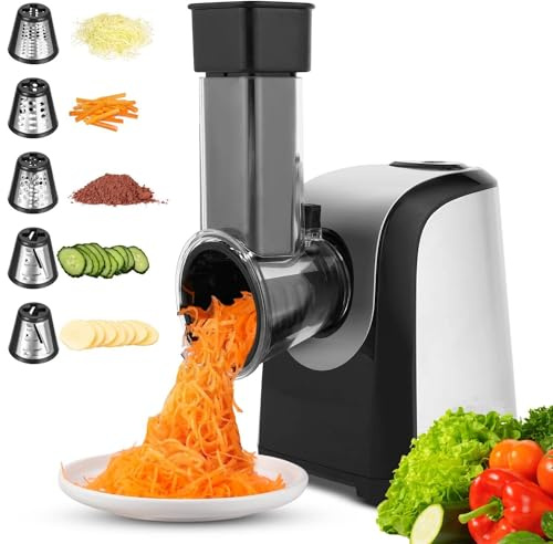 Cortadora de Verduras Eléctrica 150W con 5 Cuchillas Intercambiables, Rallador Multifunción Eléctrico para Queso, Patatas, Zanahorias, Frutas y Verduras