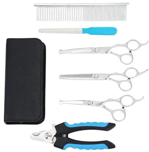 6 PCS Professionelles Hundeschere Set, Haarschere Set aus Edelstahl mit Gebogen Spitze, Hunde Schere für Sichere Fellpflege bei Hunden und Katzen, Inklusive Nagelschere