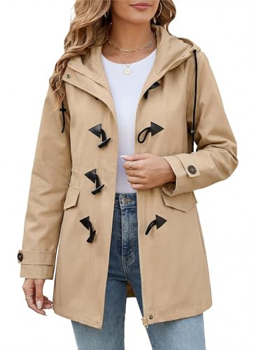 CMTOP Chaqueta Mujer Primavera Abrigo Entretiempo Algodón Parka Militar Elegante con Botones de Cuerno Cazadora Ligero Práctica con Capucha Chaquetas Informal de Verano Otoño(Caqui, L)