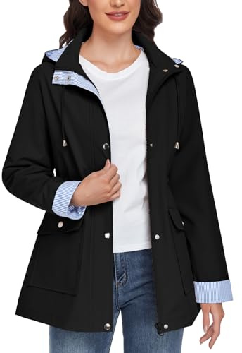 CMTOP Waterproof Jacket for Women Lightweight Hooded Jackets Casual Softshell Jacket with Striped Lining Functional Outdoor Windbreaker Breathable Rain Coat with Pockets(Black, M)
