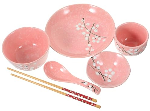 KESYOO Set di stoviglie in ceramica giapponese da 6 pezzi, ciotole in porcellana per Ramen e Sushi, stoviglie asiatiche per la casa, rosa con piatto, tazza, cucchiaio e bacchette.