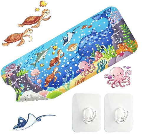 Solyxis Alfombra Bañera Antideslizante Niños, 100x40 cm Alfombra Ducha, con 2 Ganchos, Sin BPA, Resistente al Moho, Lavable a Máquina, para Bañera & Ducha, Azul