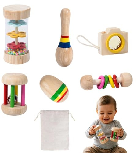 KQWVZ Set Sensoriel en Bois Naturel pour Bébés, 6PCS Jouets Bébé Montessori en Bois avec Baton De Pluie Bébé, Hochet, Balle De Préhension Et Kaléidoscope, Sans BPA, Jouet Sensoriel Premier Âge