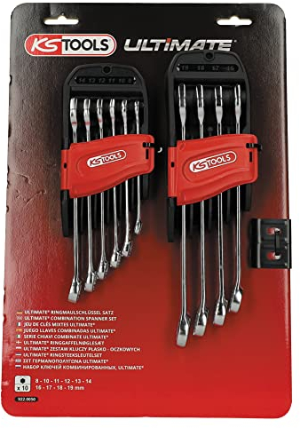 KS TOOLS - 922.0050-10-teiliges Ring-Maulschlüssel-Satz metrisch - Ratschen-Ringmaulschlüssel auf Halterung - bestehend aus 10 Teilen von 8-19 mm - Gabelwinkel und Auge 15° abgewinkelt