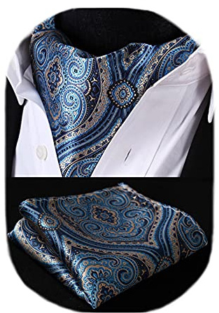 HISDERN Ascot Homme Et Mouchoir Ensemble - Cravate Paisley Formelle Mariage Élégant Jacquard Foulard, Bleu, Taille Unique