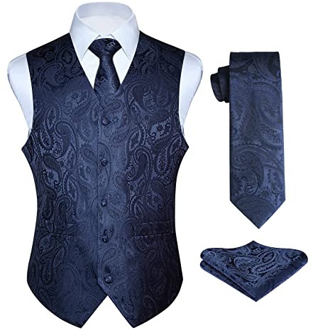 Enlision Gilet Costume bleu marine Homme Mariage Paisley Ensemble de Cravate et Pochette Jacquard Gilets sans Manche pour Fête S