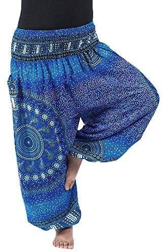 Nuofengkudu Herren Damen Lockere Hippie Hosen Haremshose Große Größen Boho Bbunte Pumphosen Stoffhose Indische Yogahosen Leichte Sommerhose (Blau Floral,One Size)