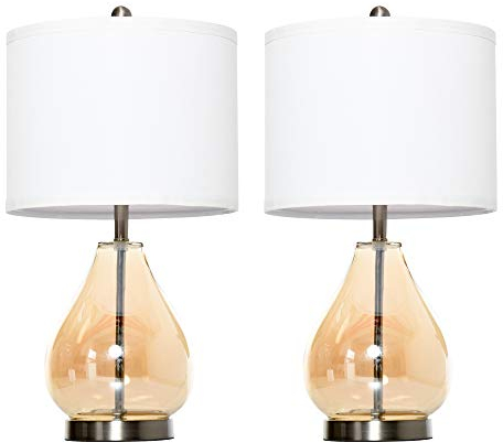 HOMCOM 2-Set Tischlampen Tischleuchten E27-Fassung Nachttischlampe 40 W Glas Leinen Metall Bernstein Ø30 x 56H cm