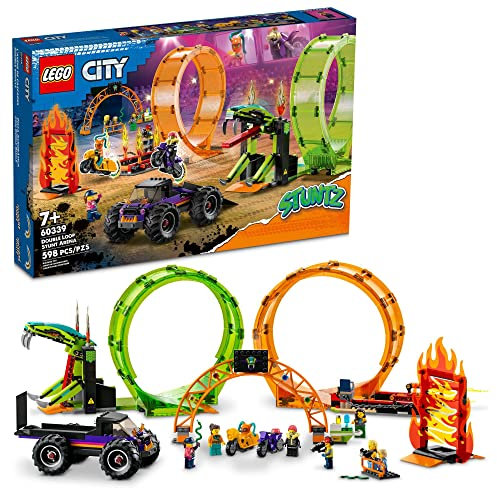 LEGO City Stuntz Double Loop Stunt Arena 60339, Monster Truck Playset with 2 Toy Motorcycles, Ramp, Wall of Flames, Ring of Fire, Snapping Snake Loop and 7 Minifigures, for Kids Ages 7 Plus