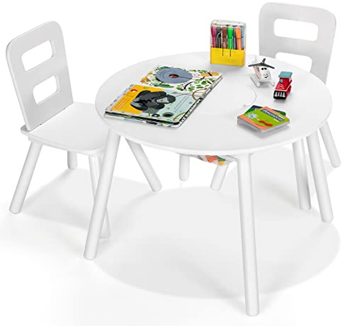 GYMAX Kids Table and Chair Set, Children Activity Table with Mesh Basket, 3-Piece Wooden Toddler Furniture Set for Boys Girls